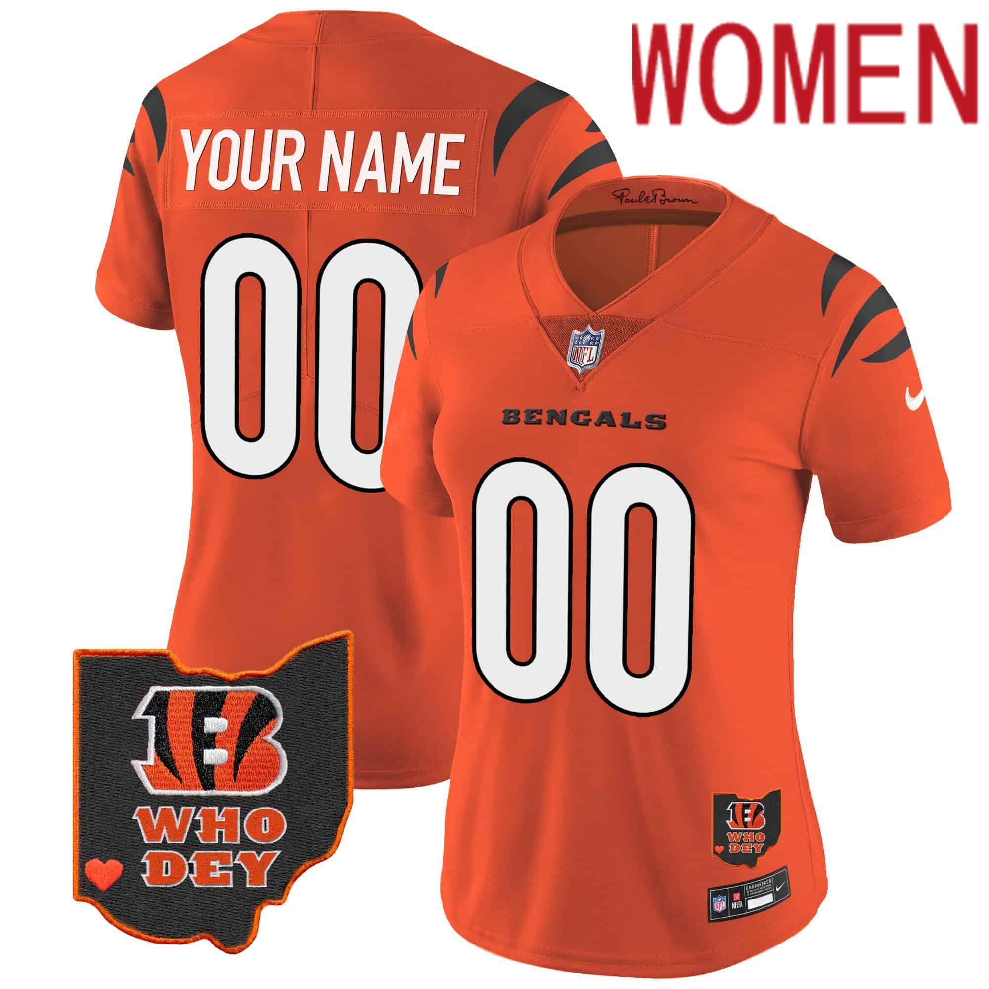 Women Cincinnati Bengals Orange 2024 Nike Patch Vapor Limited Custom NFL Jersey